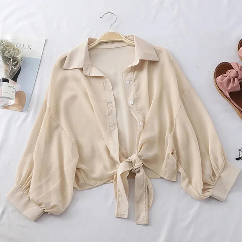 Casual Loose Hollow White Clothes Elegant Solid Color Tied Waist Blouse Women Summer Bat Half Sleeve Button Chiffon Shirt 9776 Khaki