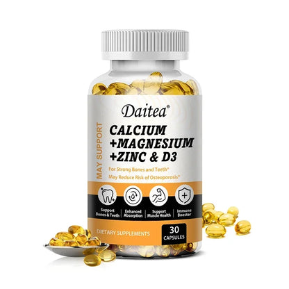 Daitea Calcium Magnesium Zinc Capsules Vitamin D3 helps support bones, teeth, heart, and enhance immune system function. 30 count-1bottle