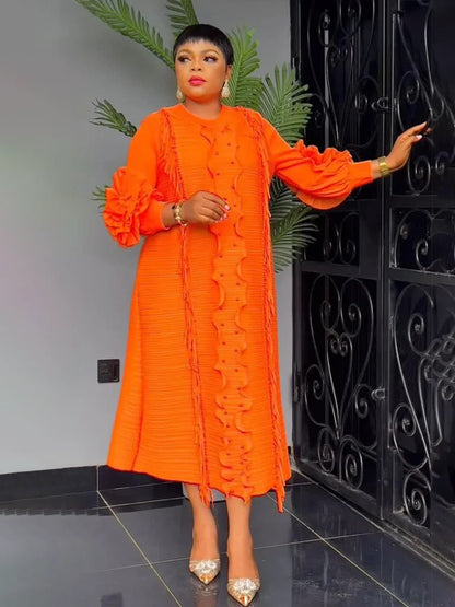 EGRM Miyake Pleated Dress Round Collar Full Sleeve Ruffles High Stretch Loose Dresses for Women 2025 New Autumn Clothing 2G3113 Orange One Size