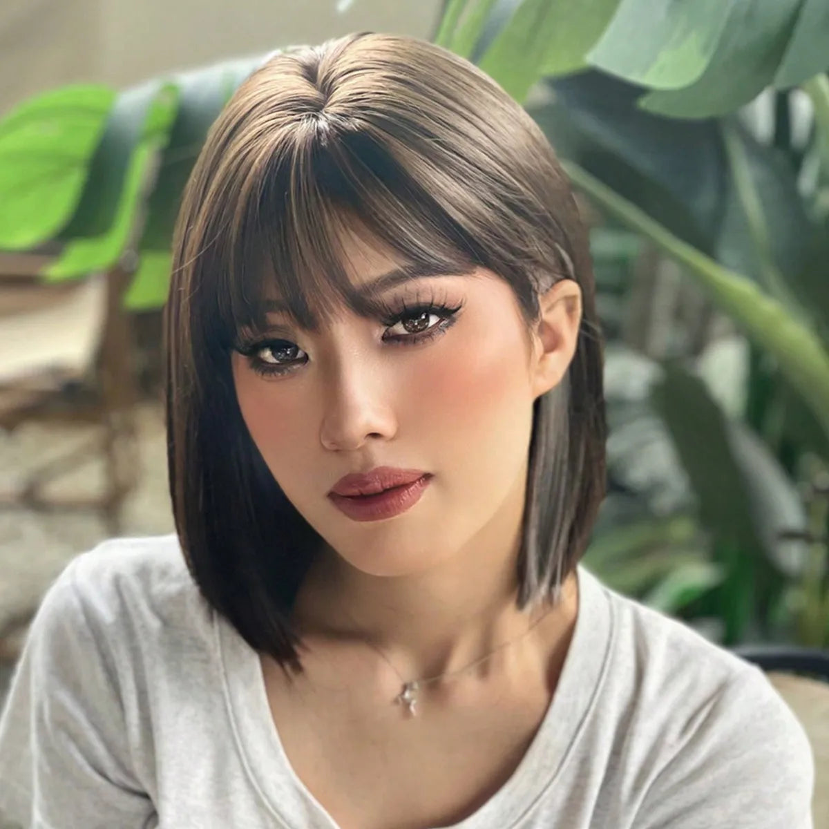 Women's Fashion Bob Hair Short Blonde Bob Wigs with Bangs Black Roots Straight Synthetic Ombre Hair Party Wig for Lady #5 CHINA