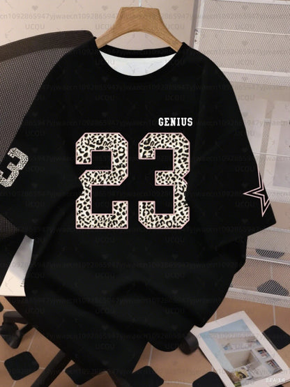 Women's Letter Leopard NO.23 Print Round Neck Short Sleeve T-Shirt Summer Graphic Tee Plus Size Sport T-Shirt