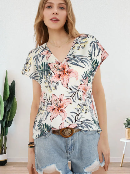 Women All Over Floral Print V Neck Batwing Sleeve Blouse Ladies Tops Shirts