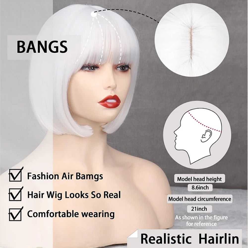 HAIRJOY Women Short Straight White Bob Wig with Bangs Synthetic Hair for Daily Party Cosplay Halloween