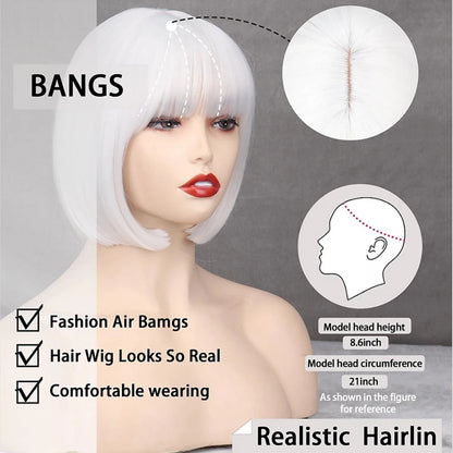 HAIRJOY Women Short Straight White Bob Wig with Bangs Synthetic Hair for Daily Party Cosplay Halloween