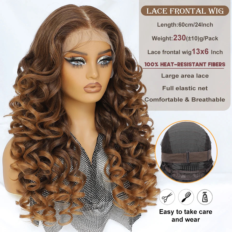 Latisha 13X6 HD Synthetic Lace Front Wigs Curly Pre Plucked Lace Frontal Wig with Bangs for Women Highlight with Babyhair 24Inch Badiee Stylez