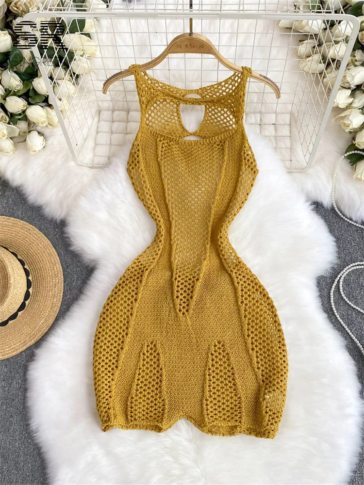 SINGREINY Yellow Sleeveless Jumpsuit Women Hollow Out O Neck Elegant Stretch Transparent Ladies Casual Summer Slim Rompers yellow