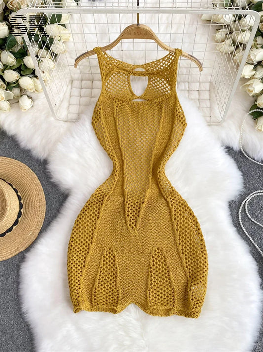SINGREINY Yellow Sleeveless Jumpsuit Women Hollow Out O Neck Elegant Stretch Transparent Ladies Casual Summer Slim Rompers yellow