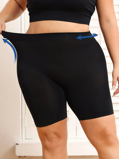 Plus-size women's shorts with tummy control and butt-lifting features to prevent exposure and provide safety shorts.