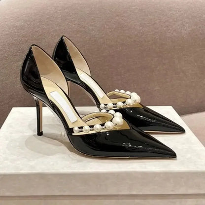 Spring/Summer New Pointed High Heels Hollow Fashion Banquet Pearl Hollow V-Mouth Women's Thin Heels Shallow Mouth Sandals black 9 cm