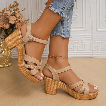 Women's Braided High Heels Sandals 2024 Summer Chunky Platform Gladiator Sandals Woman Ankle Straps Vacation Casual Beach Shoes