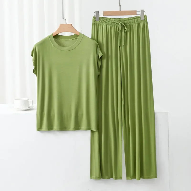 Modal Homewear set O-neck Tshirts short sleeves and Wide leg pants Loose sleepwear Casual streetwear suit all match avocado