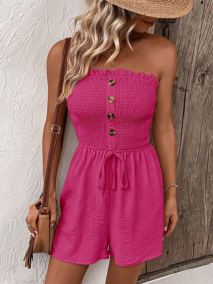 Summer Fashion Splicing Women's Solid Color Sexy Sleeveless Bra Button Tie Waist Casual Comfortable Jumpsuit Shorts 3/4