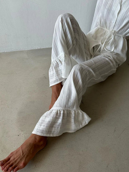 Marthaqiqiq Casual Women Nightgown 2 Piece Suit Long Sleeve Nightwear Turn-Down Collar Sleepwear Pants Loose Home Clothes Ladies