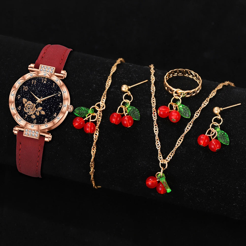 6PCS/Set Red Women's Watch With Minimalist Elements Dial Quartz Watch Latex Strap Cherry Elements Jewelry Set Girl's Gift Badiee Stylez