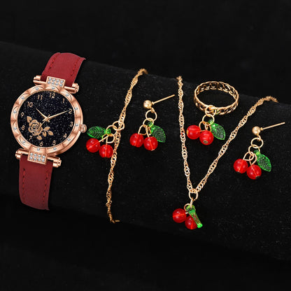 6PCS/Set Red Women's Watch With Minimalist Elements Dial Quartz Watch Latex Strap Cherry Elements Jewelry Set Girl's Gift Badiee Stylez