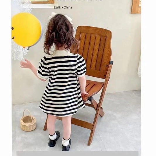 Girls Stripes Dresses Spring Autumn Kids Short Sleeve Polo Neck Sweatshirt Dress Teen Fashion T-Shirt Dress Clothes 2-10 Years