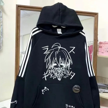 Punk Harajuku American Vintage Cute Print Hoodies Japanese Fashion Loose Y2k Aesthetic Sweatshirts Autumn All Match Clothes New Style 3 black