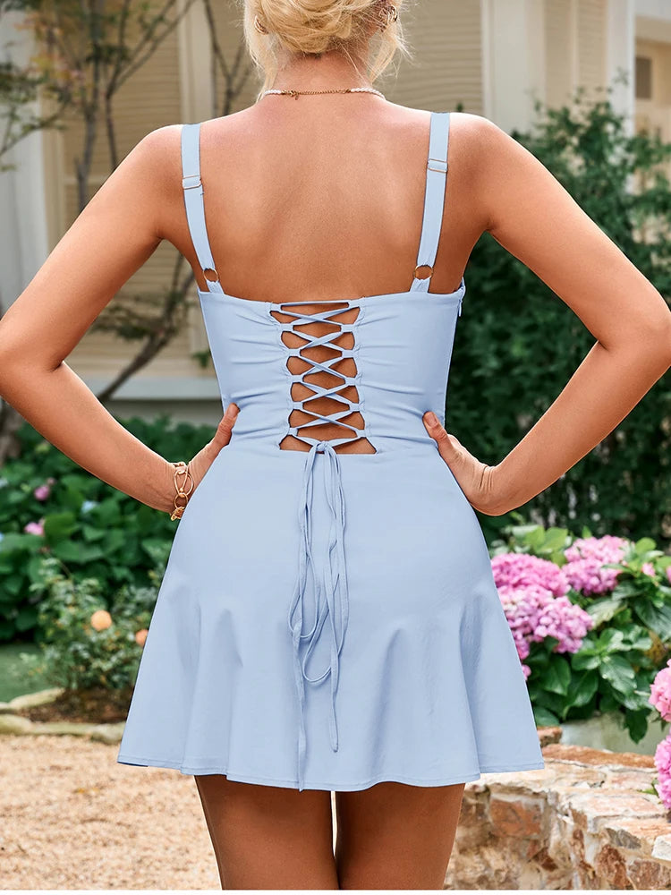 NewAsia Fashion Solid Mini Dress Sweet Adjustable Bandage Backless Slim Camis Dresses Elastic Zipper Robe Holiday Style Vestidos