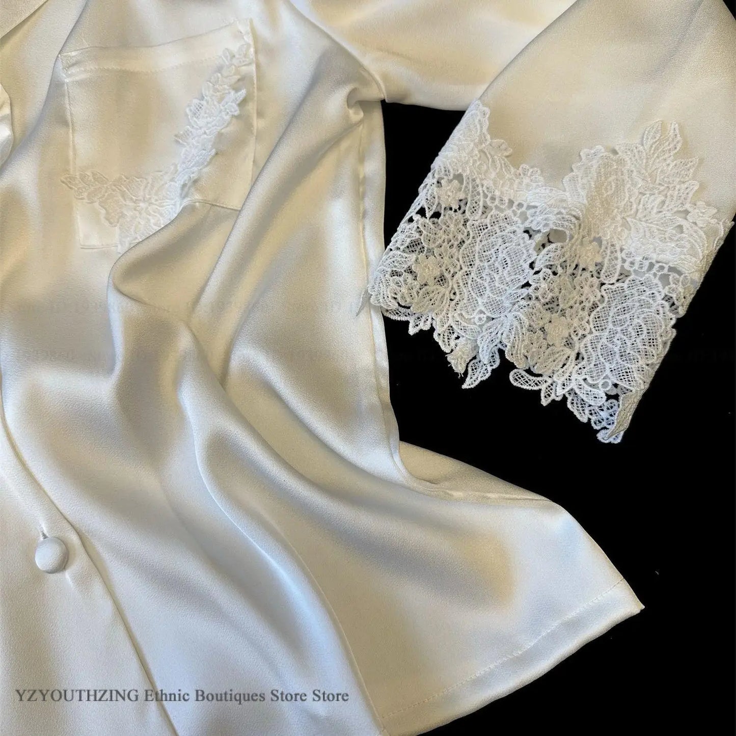 Female Pajamas Set White Satin Lace Trim Bride Wedding Sleepwear Gift Homewear Sexy Loose Long Sleeve Trouser Suit Loungewear