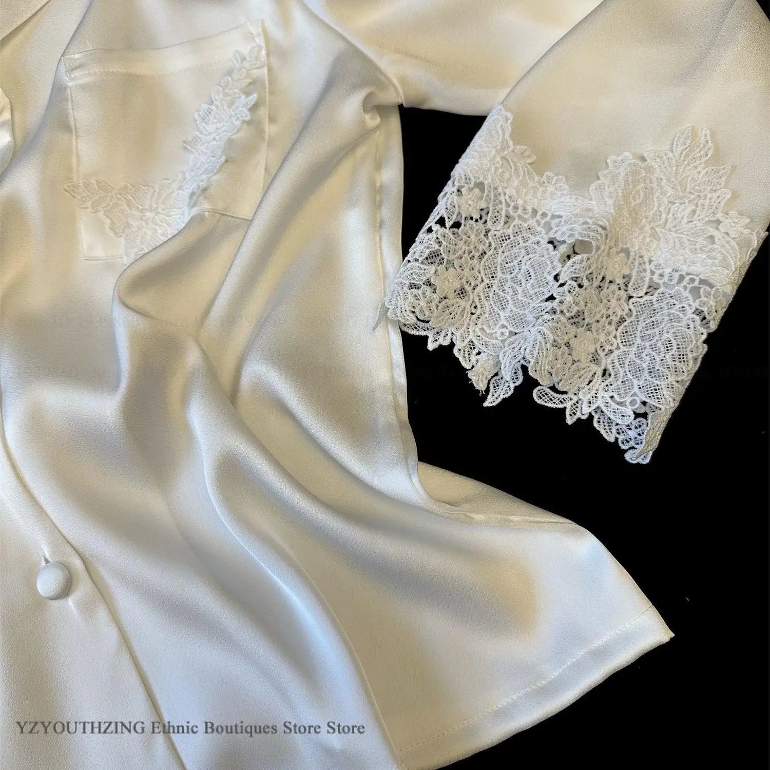 Female Pajamas Set White Satin Lace Trim Bride Wedding Sleepwear Gift Homewear Sexy Loose Long Sleeve Trouser Suit Loungewear