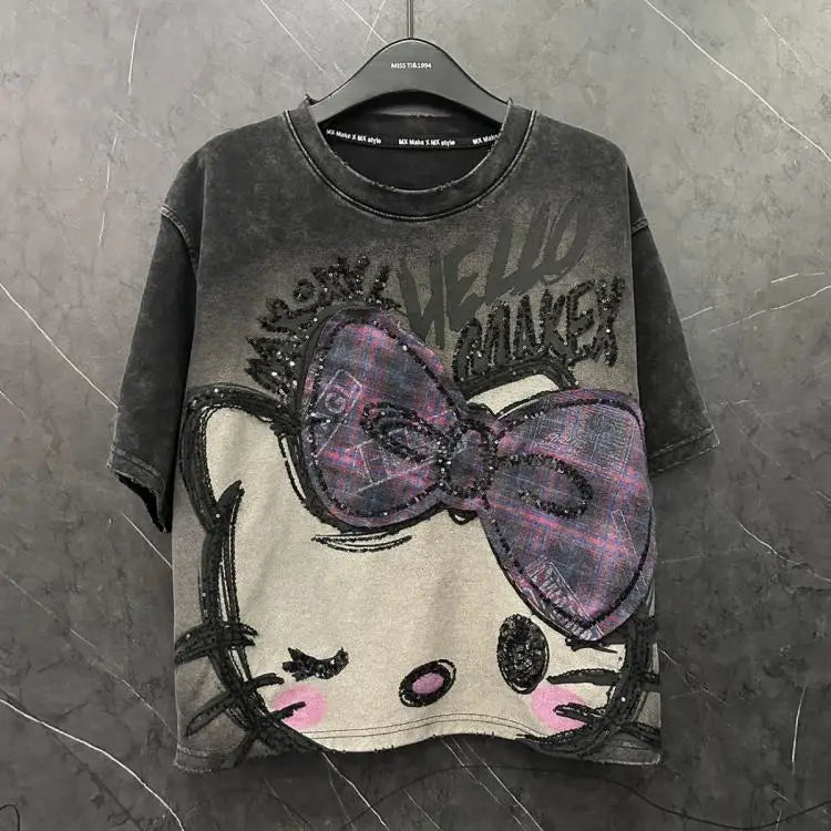 Y2K Hello Kitty Girls Short Sleeve Anime Sanrios Cartoon Cute Summer Sweet Cotton Women T-Shirt Kawaii Casual Loose Trend Tops Badiee Stylez