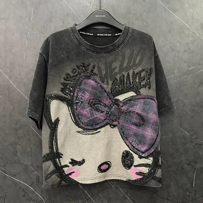 Y2K Hello Kitty Girls Short Sleeve Anime Sanrios Cartoon Cute Summer Sweet Cotton Women T-Shirt Kawaii Casual Loose Trend Tops Badiee Stylez