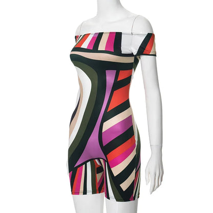 ANJAMANOR Multicolor Printed Off Shoulder Short Jumpsuits for Women 2024 Sexy Club Outfit Ladies Rompers Summer Clothes D85-BZ14