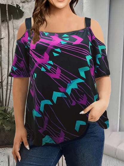 Summer new fashion strap off-the-shoulder multi-color print plus size women's short sleeve t-shirt PURPLE