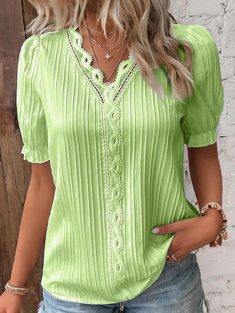 Sexy V Neck Patchwork Blouse Shirts Summer Female Short Lantern Sleeve Holiday Loose Blouse Tops SZE-ST23053