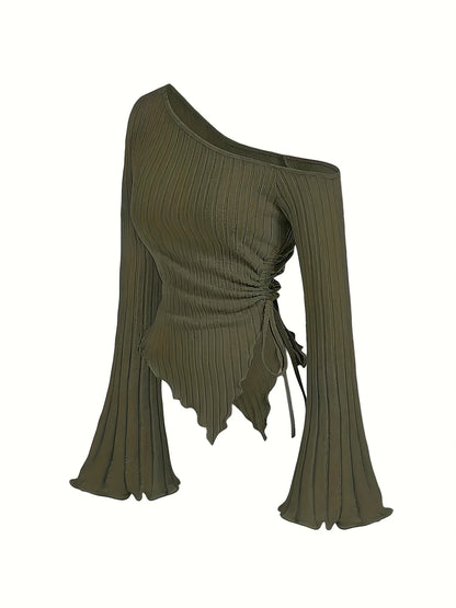 women's New off shoulder cross long sleeved slim fit casual street style asymmetrical elegant T-shirt trumpet sleeve top army green