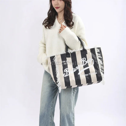 European and American Letters Tassel Canvas Bag Arge Capacity Handbags Travel Women Beach Tote Bag Fashion Casual Shopping Bags
