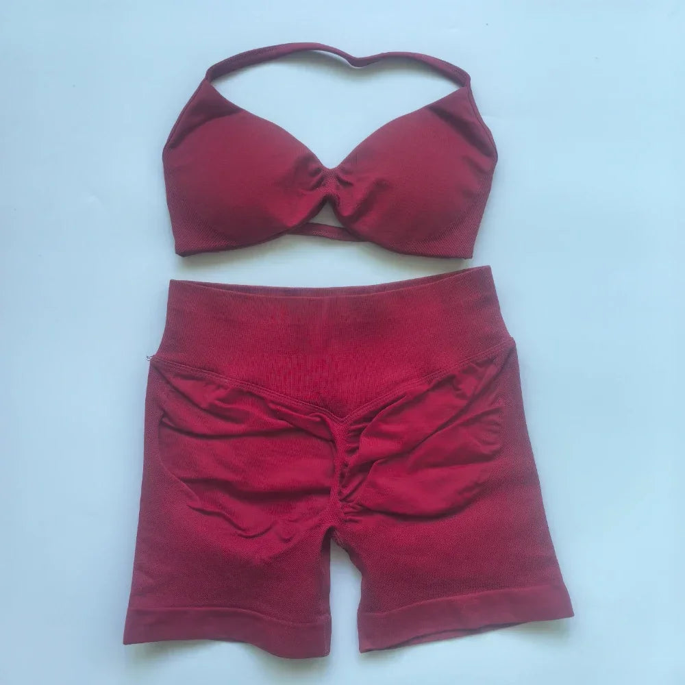 NO LOGO 2PCS Gym Set Women Strappy Yoga Bra Top High Waist Workout Scrunch Shorts Sports Suit Seamless Yoga Set Fitness Clothes Badiee Stylez