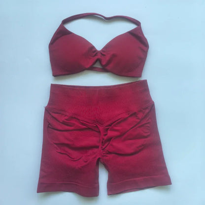 NO LOGO 2PCS Gym Set Women Strappy Yoga Bra Top High Waist Workout Scrunch Shorts Sports Suit Seamless Yoga Set Fitness Clothes Badiee Stylez