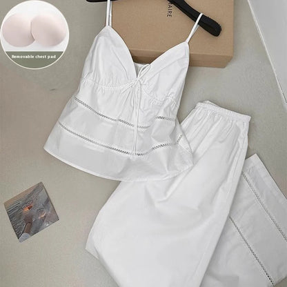 Women's Sexy Pajamas Set V-Neck Strap Suit Elegant Minimalist Faux Cotton Bow Sleeveless Top Long Pants Sleepwear Bra Pads White Only