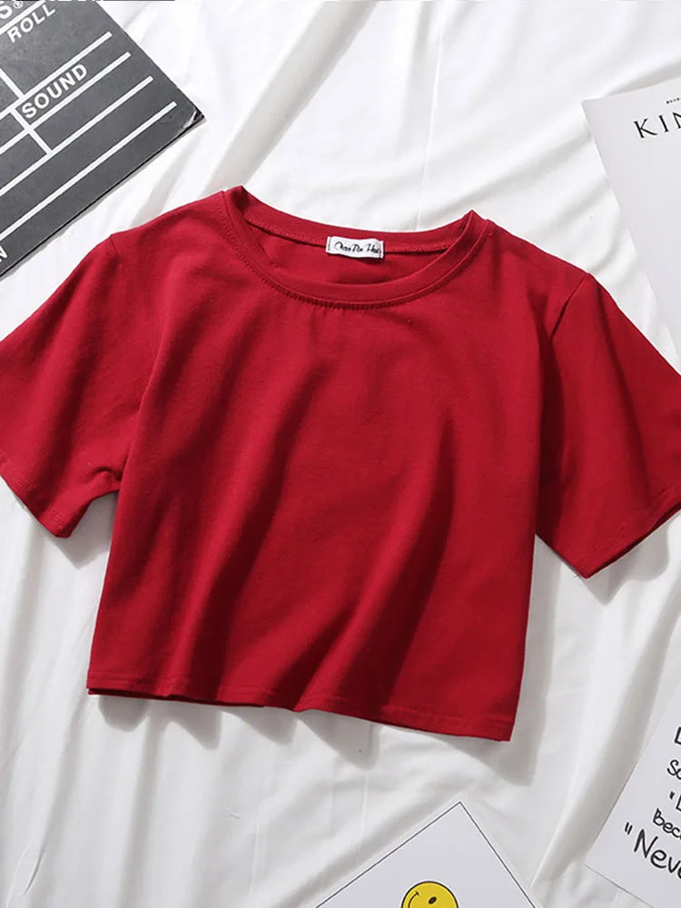 Summer Short Sleeve T Shirts Women Cotton Solid T-shirt O Neck High Waist Crop Top Tee Female Casual Loose T Shirt Badiee Stylez