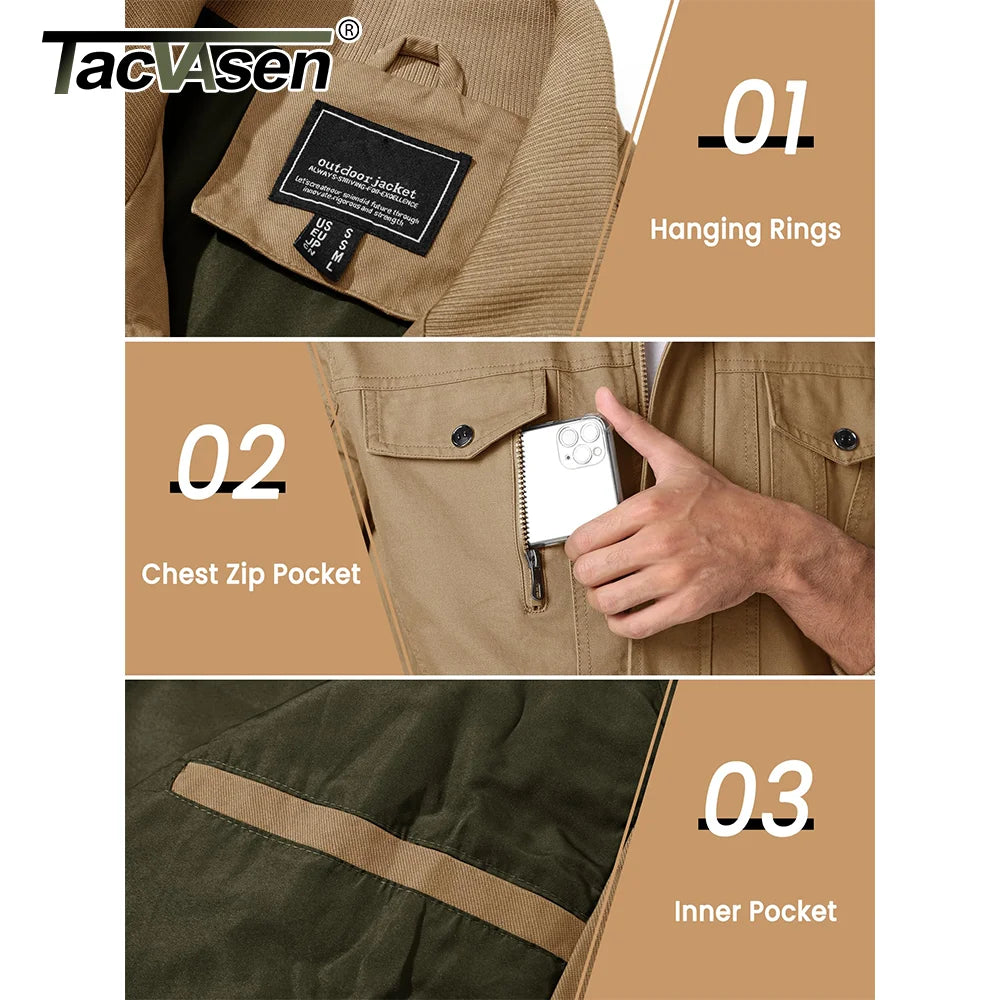 TACVASEN Full Zip Cargo Jacket Mens Retro Stand Collar Pilot Jacket Spring Autumn Lightweight Bomber Jacket Casual Outwear