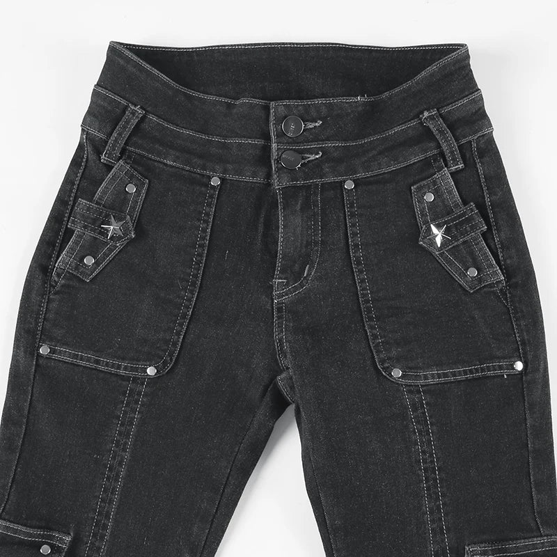 Weekeep Punk Style Star-shaped Rivet Jeans Low Rise Multi-pockets Patchwork Denim Cargo Pants Korean Fashion Hippie Flared Jeans