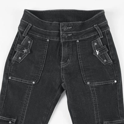 Weekeep Punk Style Star-shaped Rivet Jeans Low Rise Multi-pockets Patchwork Denim Cargo Pants Korean Fashion Hippie Flared Jeans
