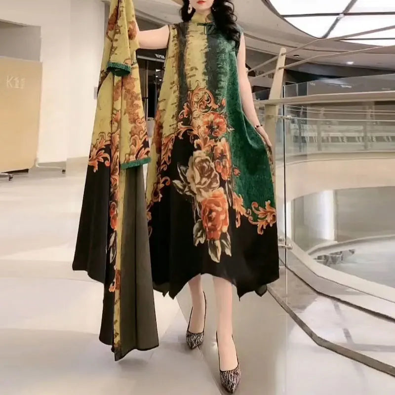Commute Floral Printed Matching Sets Two Piece Set Casual Round Neck Spring Summer Female Fashion Irregular Hem Long Dress Sets 8280
