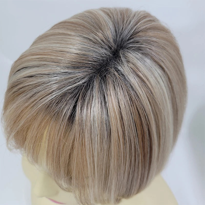 Women's Fashion Bob Hair Short Blonde Bob Wigs with Bangs Black Roots Straight Synthetic Ombre Hair Party Wig for Lady