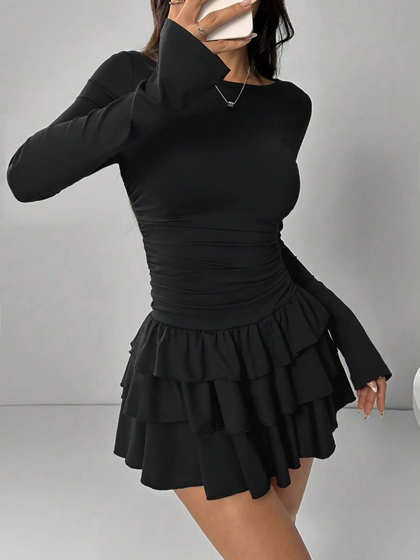 2025 Autumn Solid Slim Fit Cascading Ruffles Mini Dress Winter Women Elegant Flare Sleeve High Waist Sexy Party Bodycon Dresses Badiee Stylez