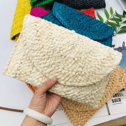 Corn Husk Weave Dinner Clutch Bag Women's Fashion Simple Solid Straw Large Purse Woman Summer Casual Vacation Ladies Wallet 2025 2