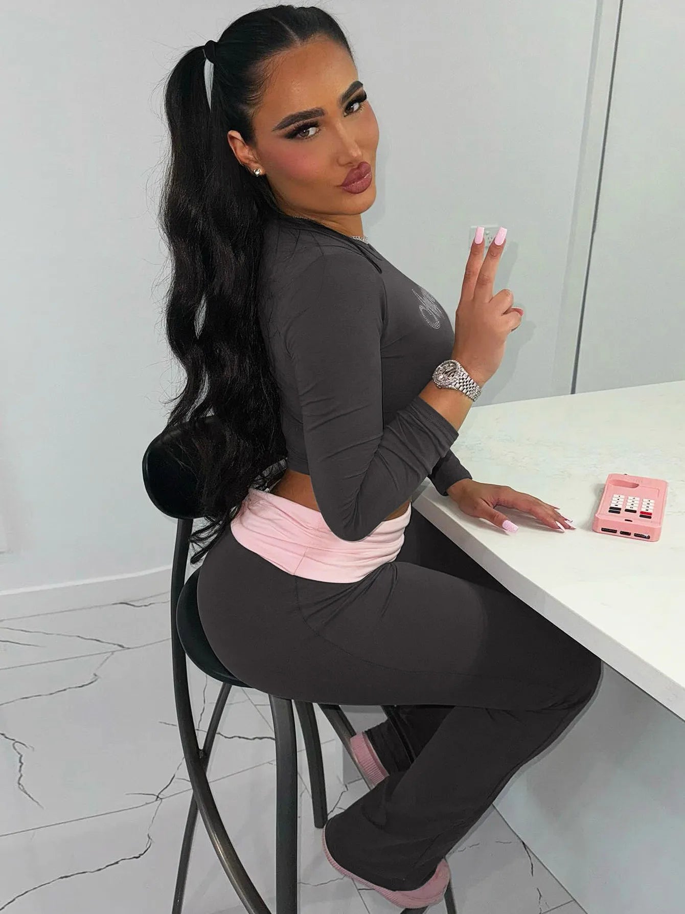 Dulzura Women’S Sexy Casual 2 Piece Pants Set Long Sleeve Letter Print Bodycon Crop Top And Flare Pants Matching Set Streetwear