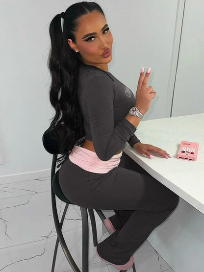 Dulzura Women’S Sexy Casual 2 Piece Pants Set Long Sleeve Letter Print Bodycon Crop Top And Flare Pants Matching Set Streetwear