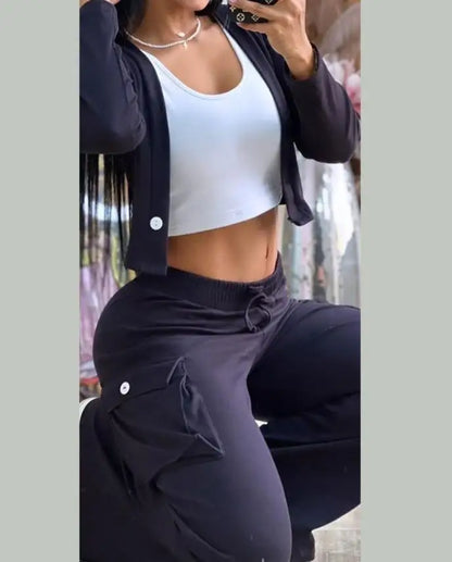 Women's Spring Summer New Fashionable Solid Color Printed Sexy Waist Short Top Casual Pants Set For Women