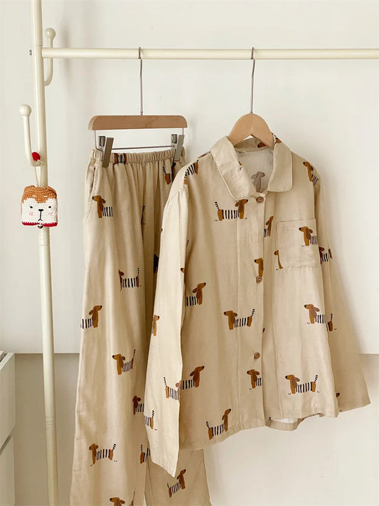 Spring Autumn 100% Cotton Women's Pajamas Cute Dachshund Print Two Pieces Set Long Sleeve Tops Full Length Pants Sleepwear 49910 Dachshund pajamas