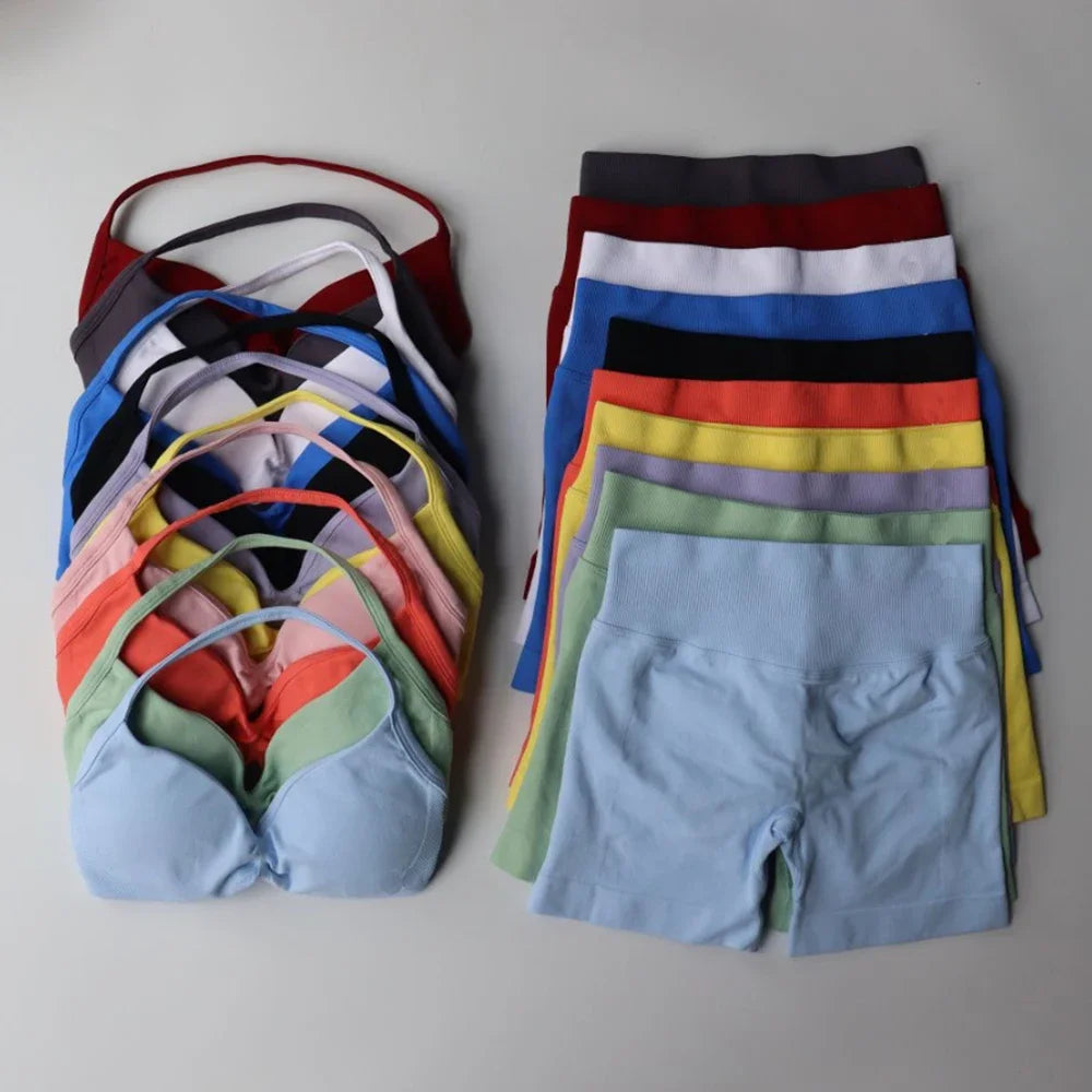 Impact Gym Set Women Two Piece Strappy Yoga Bra Top Workout Scrunch Shorts Suit Fitness Clothes Seamless Sportswear Workout Set