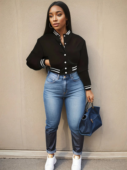 Spring and Autumn European and N Women's Pure Color Jacket Single-breasted Baseball Jacket Jacket black