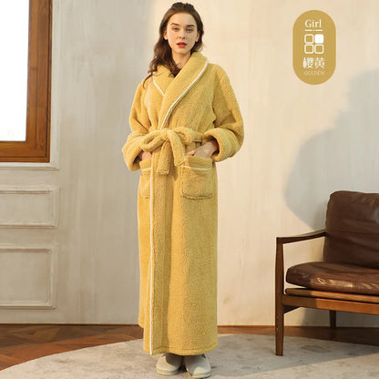 Men's Winter Bathrobe Long Sleeve Warm Turn Down Collar Man Fluffy Bath Robe With Sashes Solid Fleece Dressing Gown For Male Cherry yellow female