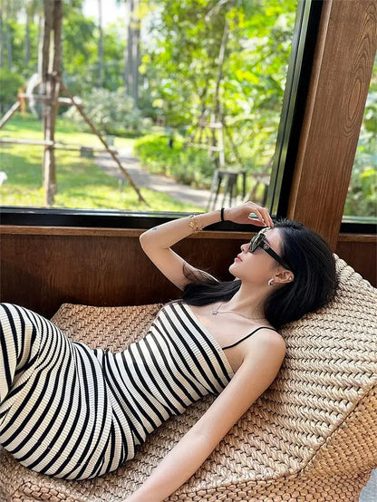 Striped Knitted Slim Dresses Women's Summer Skinny Sleeveless Bodycon Long Dress Casual Holiday Wrap Hip Sundress